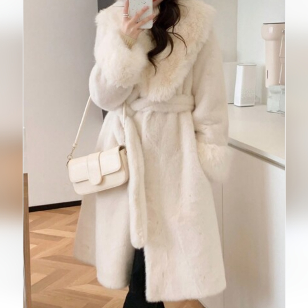 FAUX FUR BELTED COAT WHITE. Worn once. Like new condition.